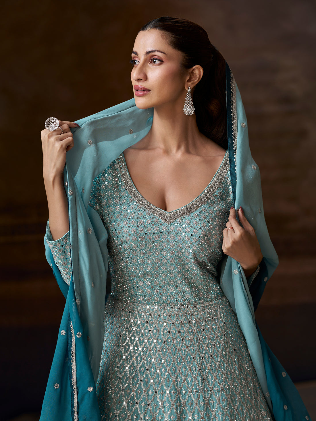 Sky Blue Ombre Heavy Embroidered Anarkali Suit