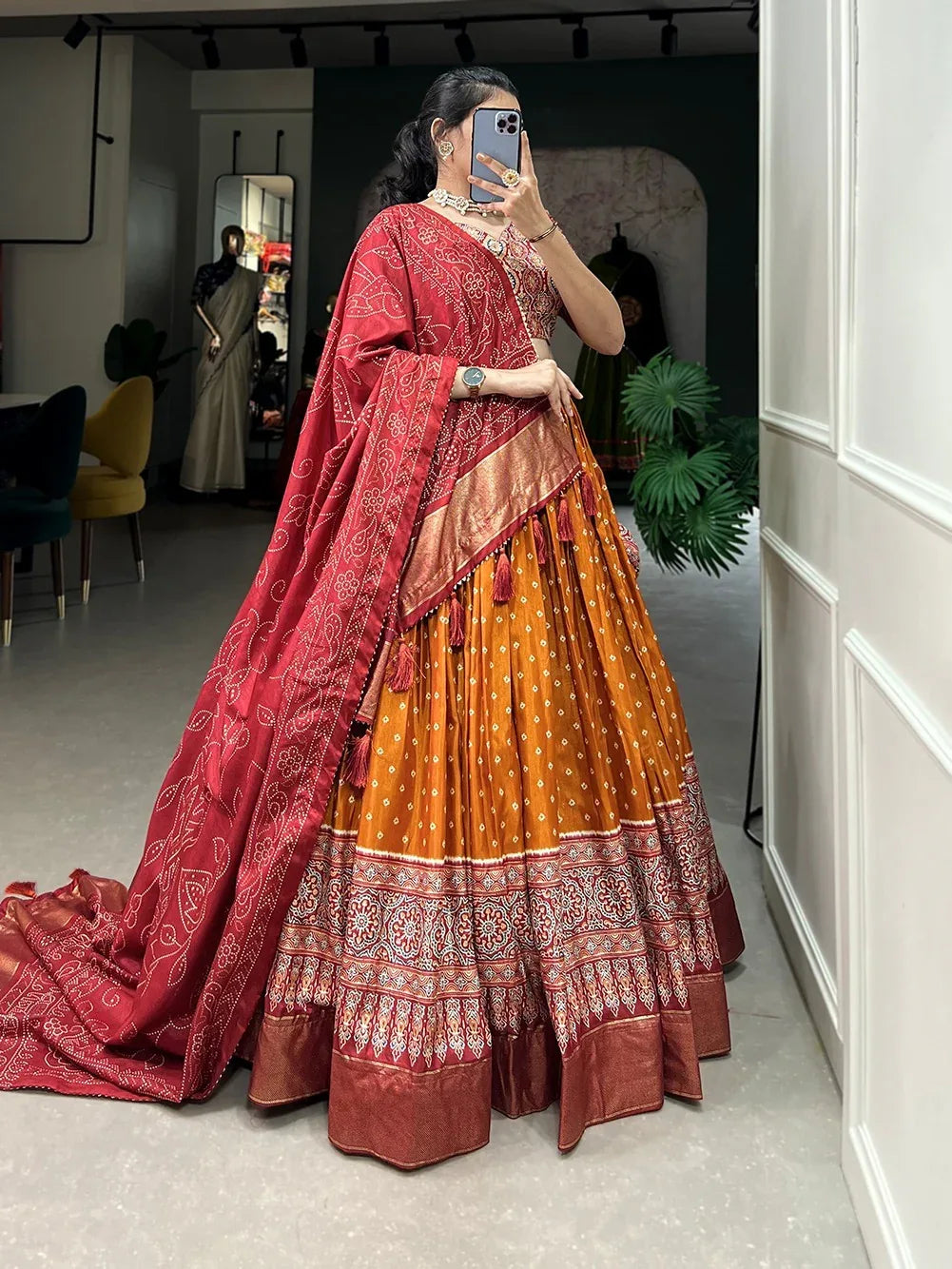 Beautiful Designer Tussar Silk Patola Print Chaniya Choli - Anant Exports