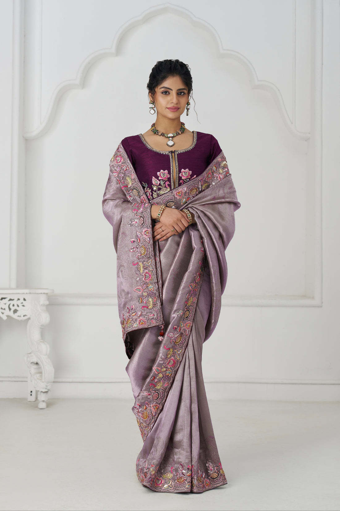 Mauve Dola silk saree with sequin and bead embroidery