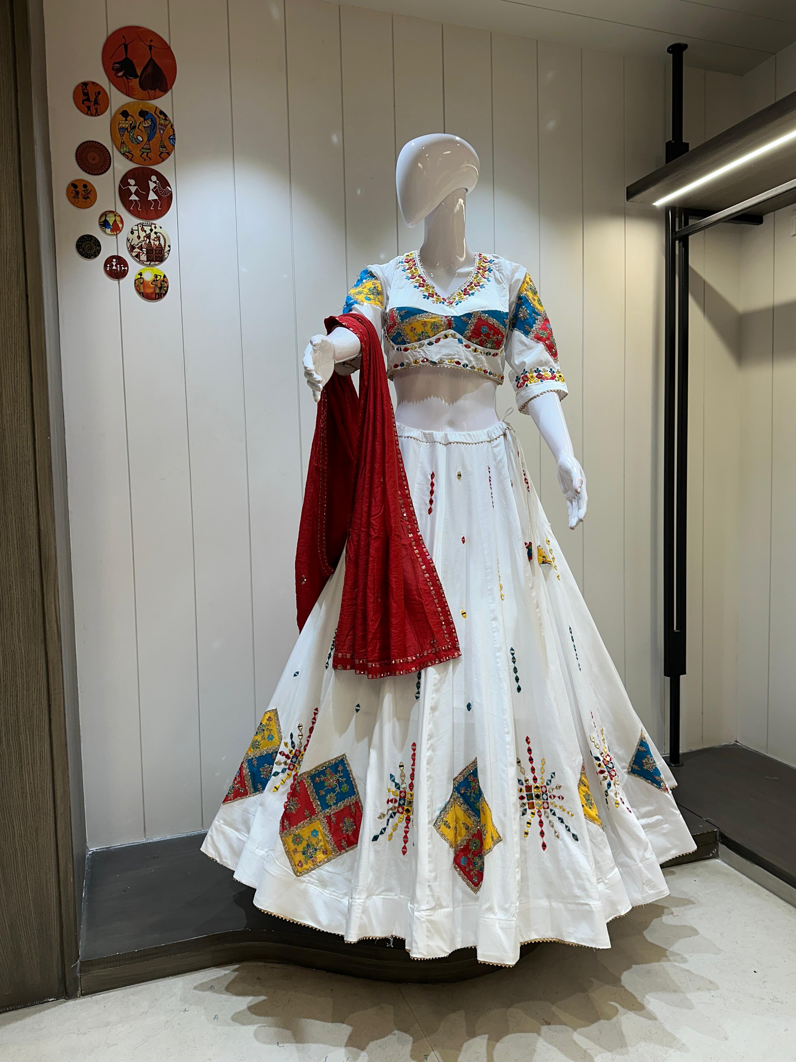 White Jaam Cotton Mirror Work Chaniya Choli with Red Dupatta