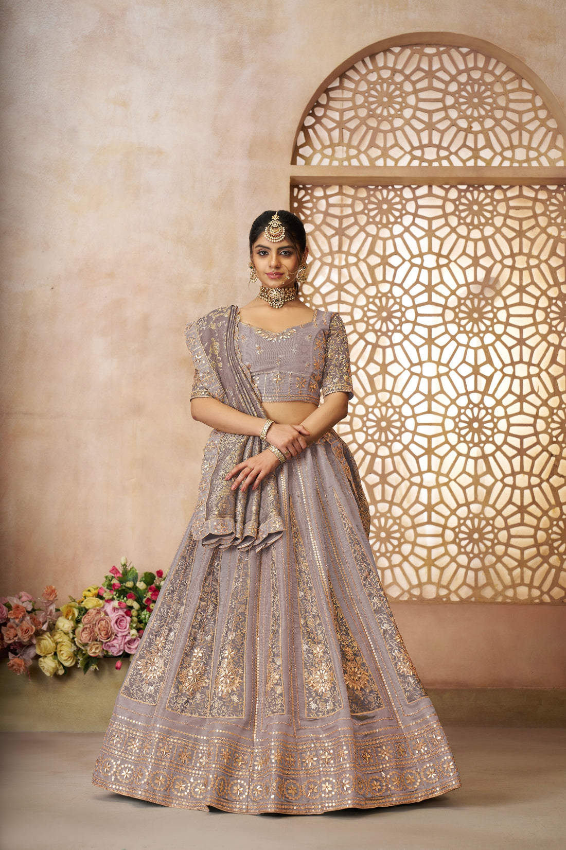 Onion tissue bridal lehenga with jacquard dupatta