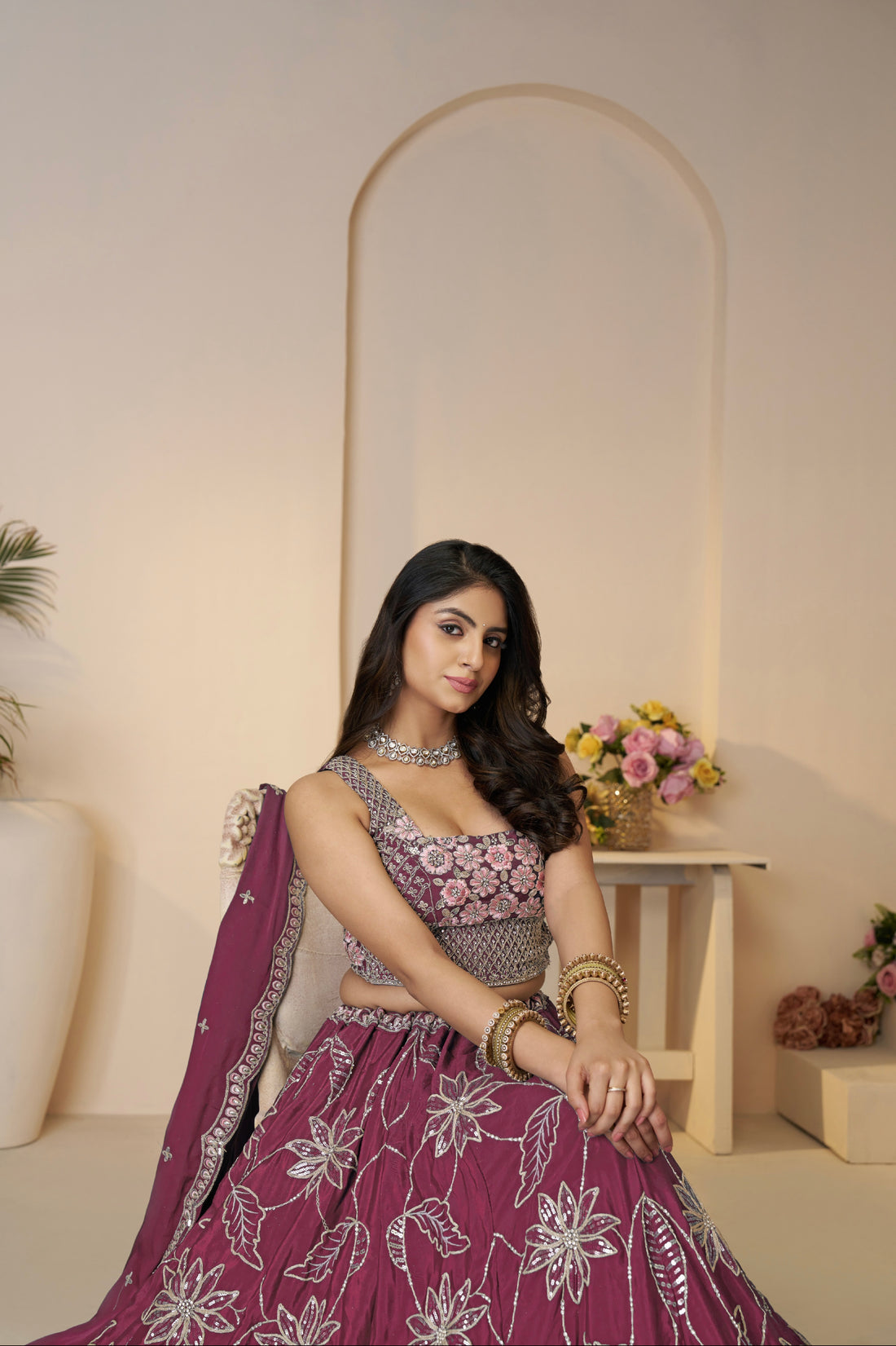Maroon Satin Silk Lehenga Choli Set