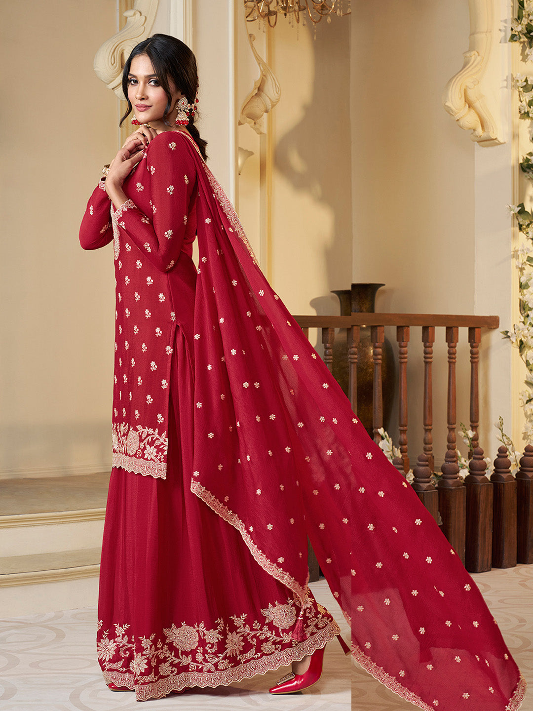 Red sharara with sequin embroidered dupatta