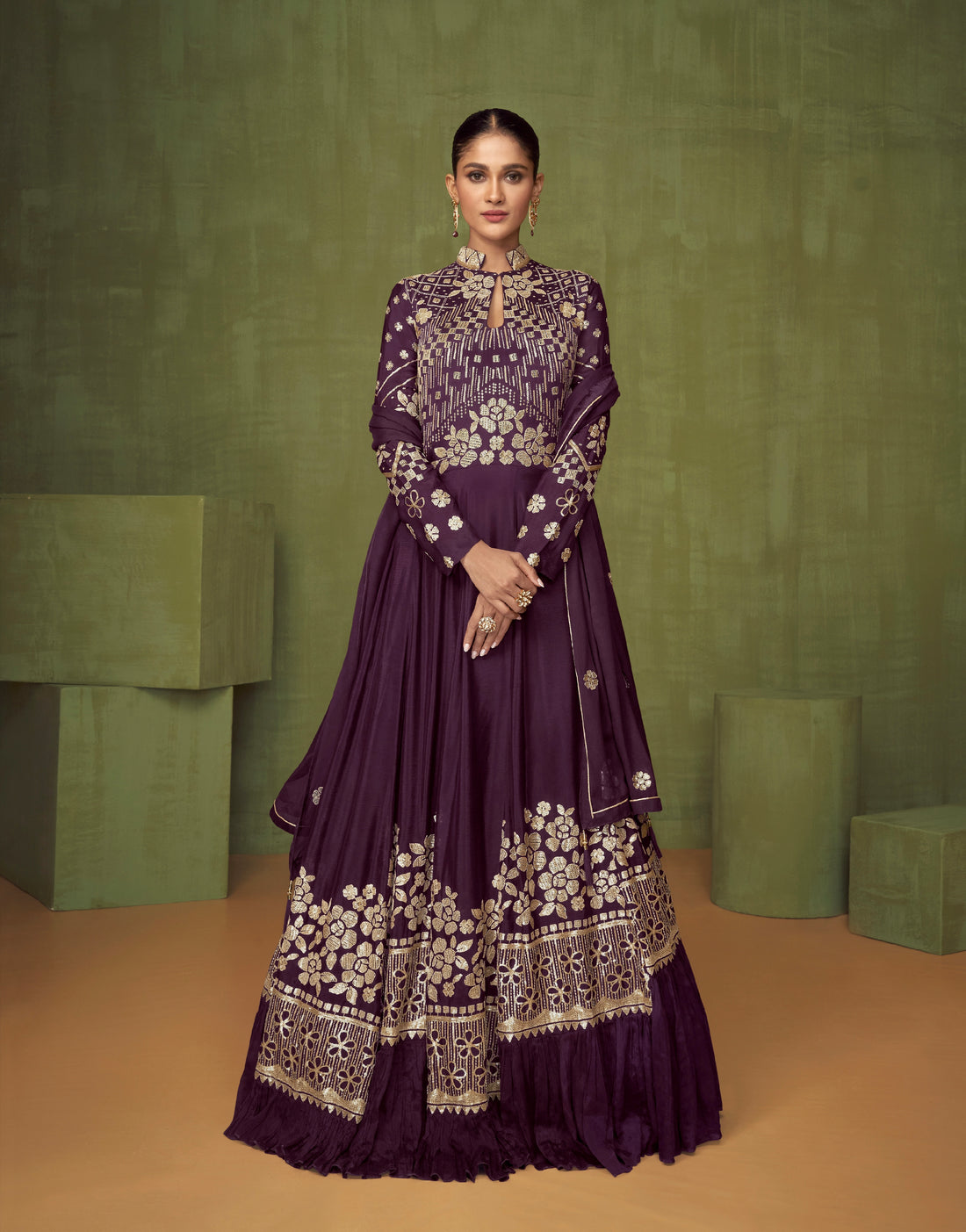 Purple embroidered Anarkali suit for wedding