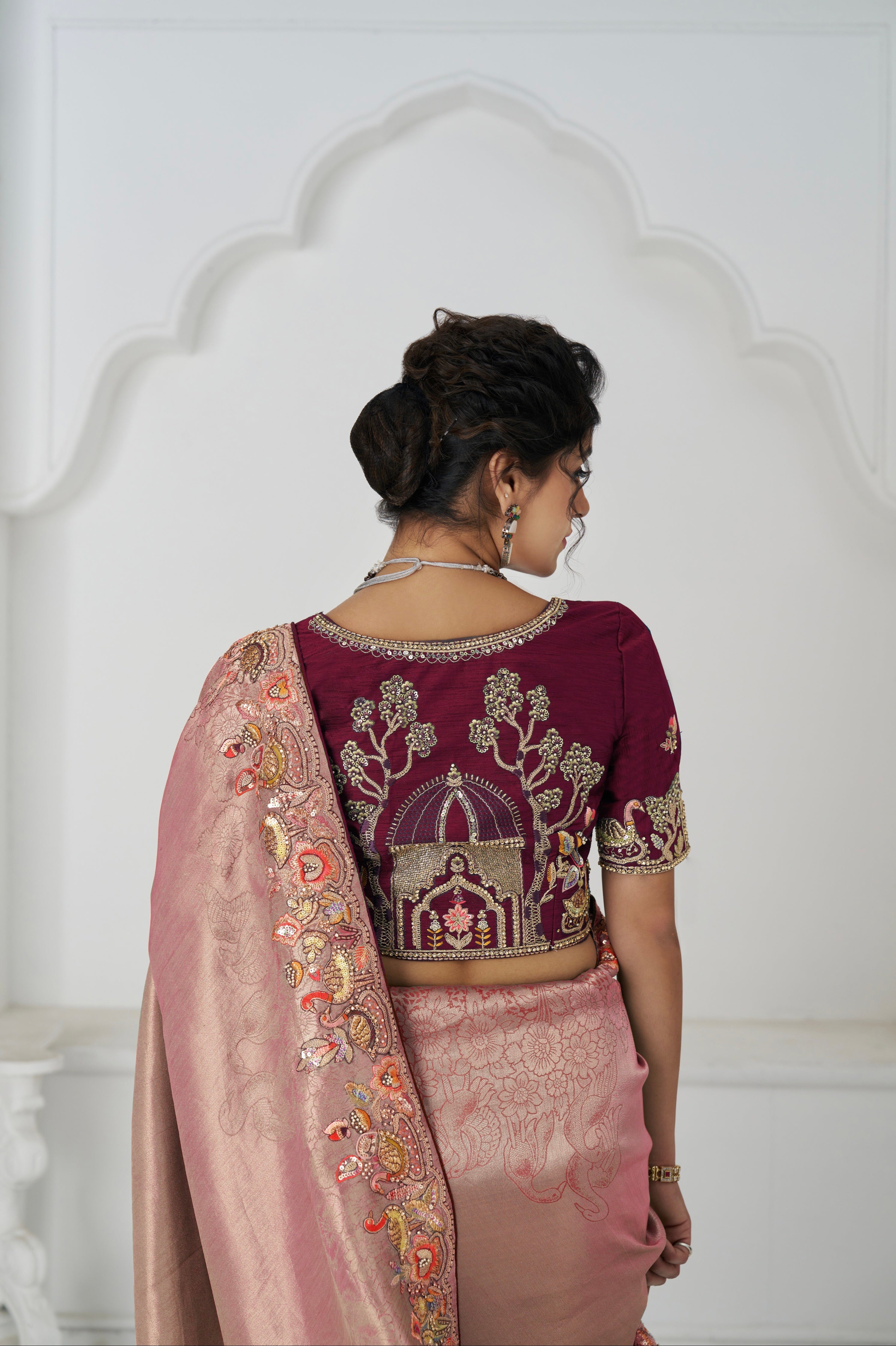 Traditional embroidered pink silk saree for women