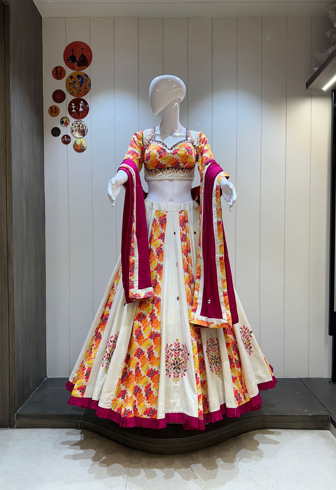 Pink yellow khadi chaniya choli with mirror work