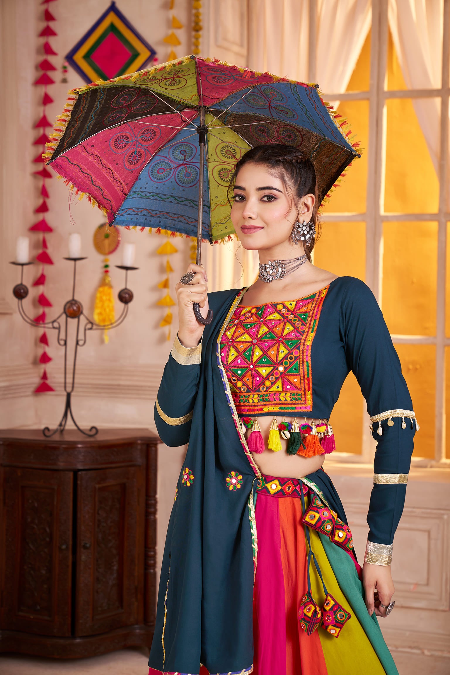Teal Blue Multicolor Navratri Chaniya Choli with Mirror Work