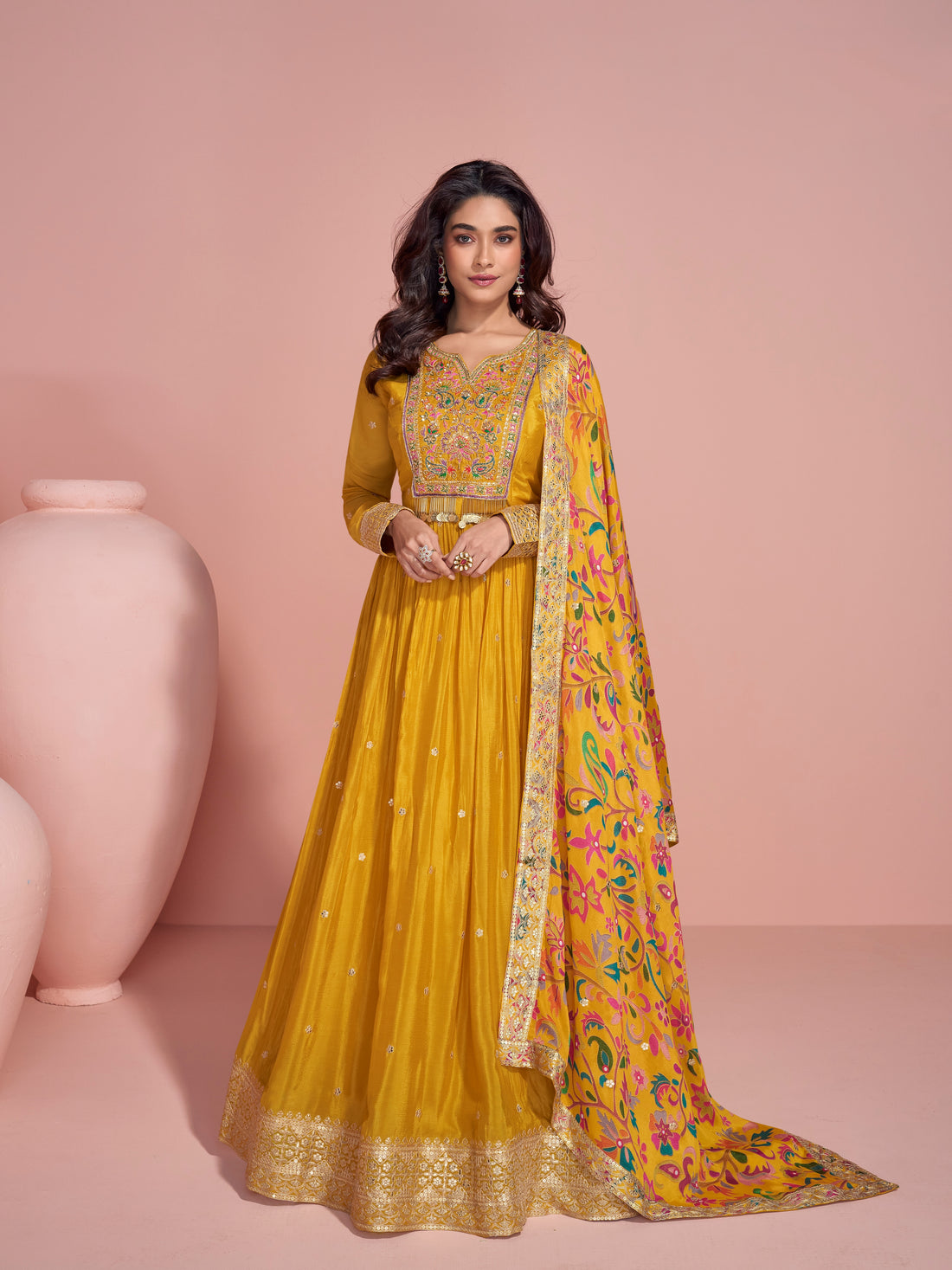 Mustard Yellow Heavy Embroidered Anarkali Gown