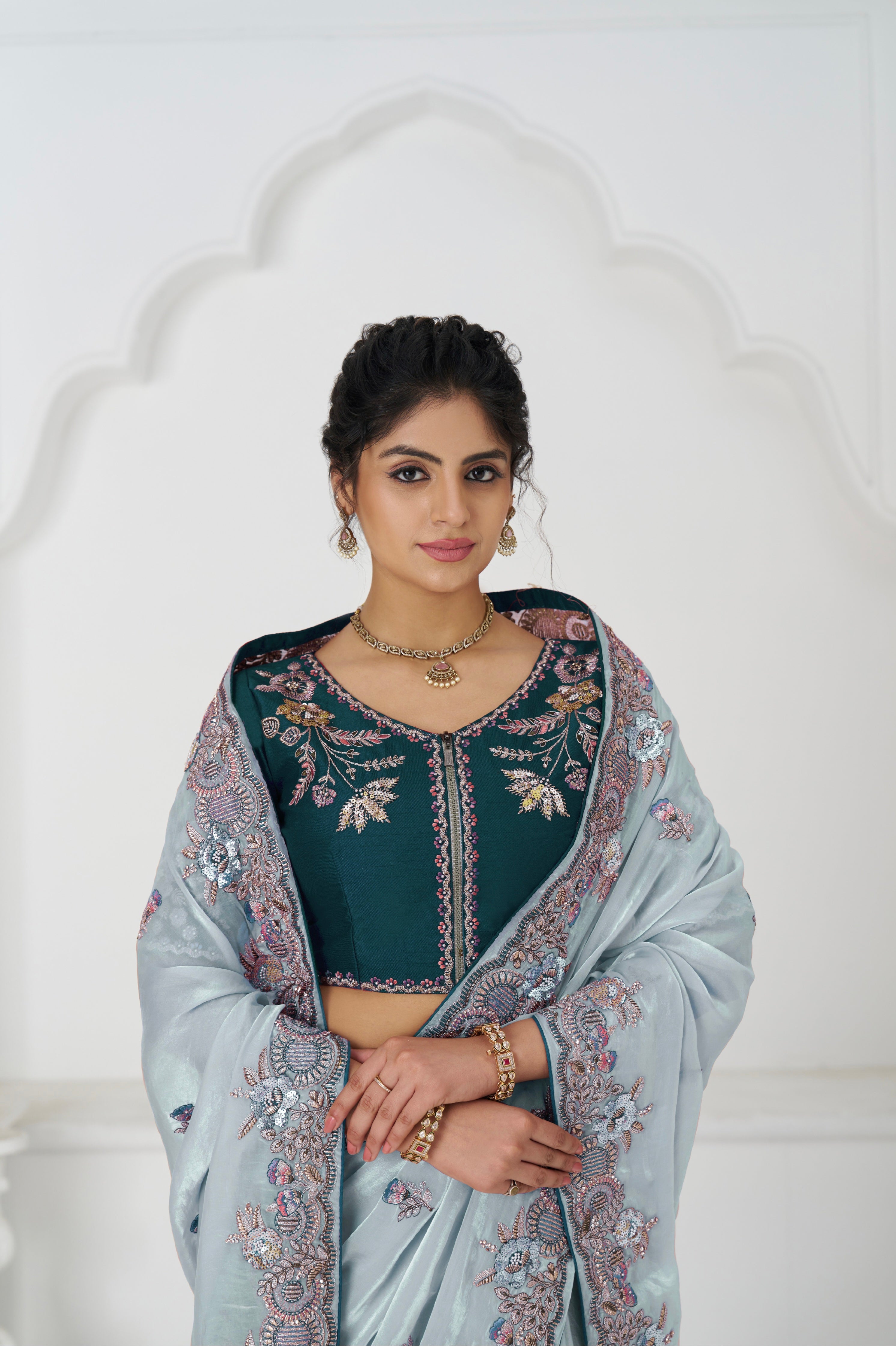 Elegant grey saree with sequins and blouse