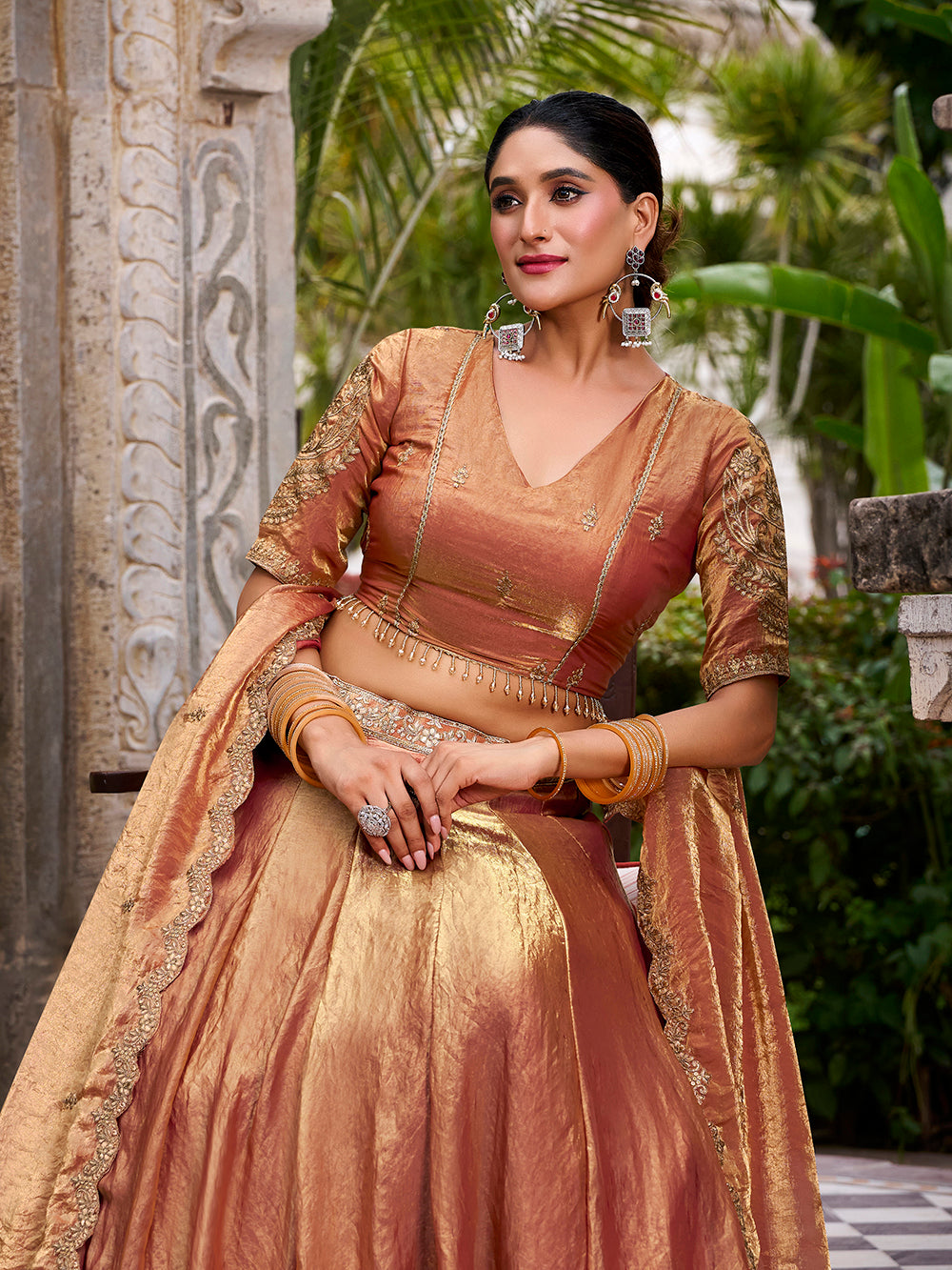 Orange Pure Fendi Silk Sequins & Thread Embroidery Work Lehenga Choli