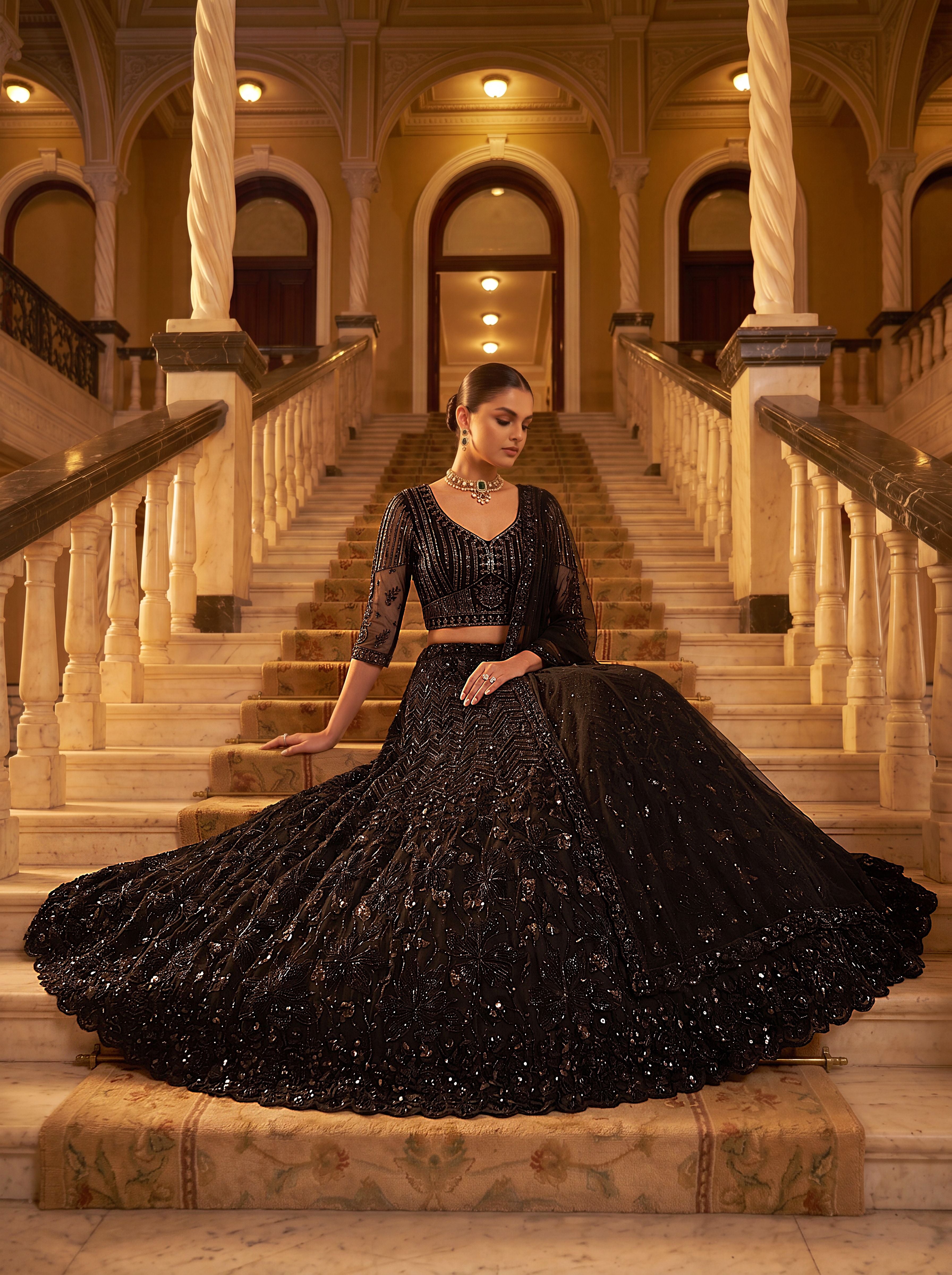 Z Black Pure Heavy Net Monochrome Sequins Zari Embroidery Work Net Bridal Lehenga Choli