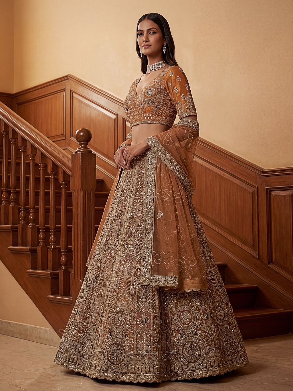 Orange Pure Soft Heavy Net Sequins Embroidery Work Bridal Lehenga
