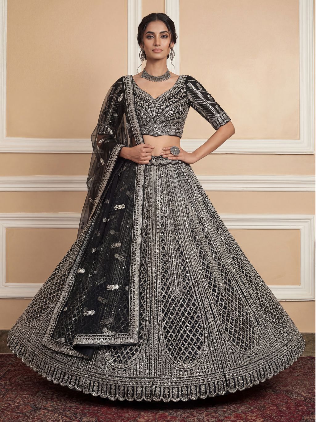 Black Pure Soft Net Heavy Embroidery Work Bridal Lehenga