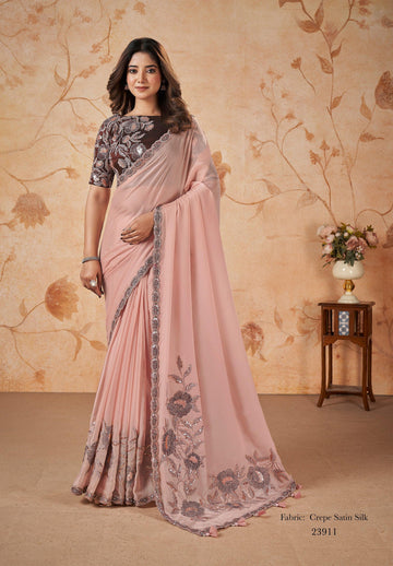 Women's Designer Party Wear Malai Crepe Satin Silk Saree