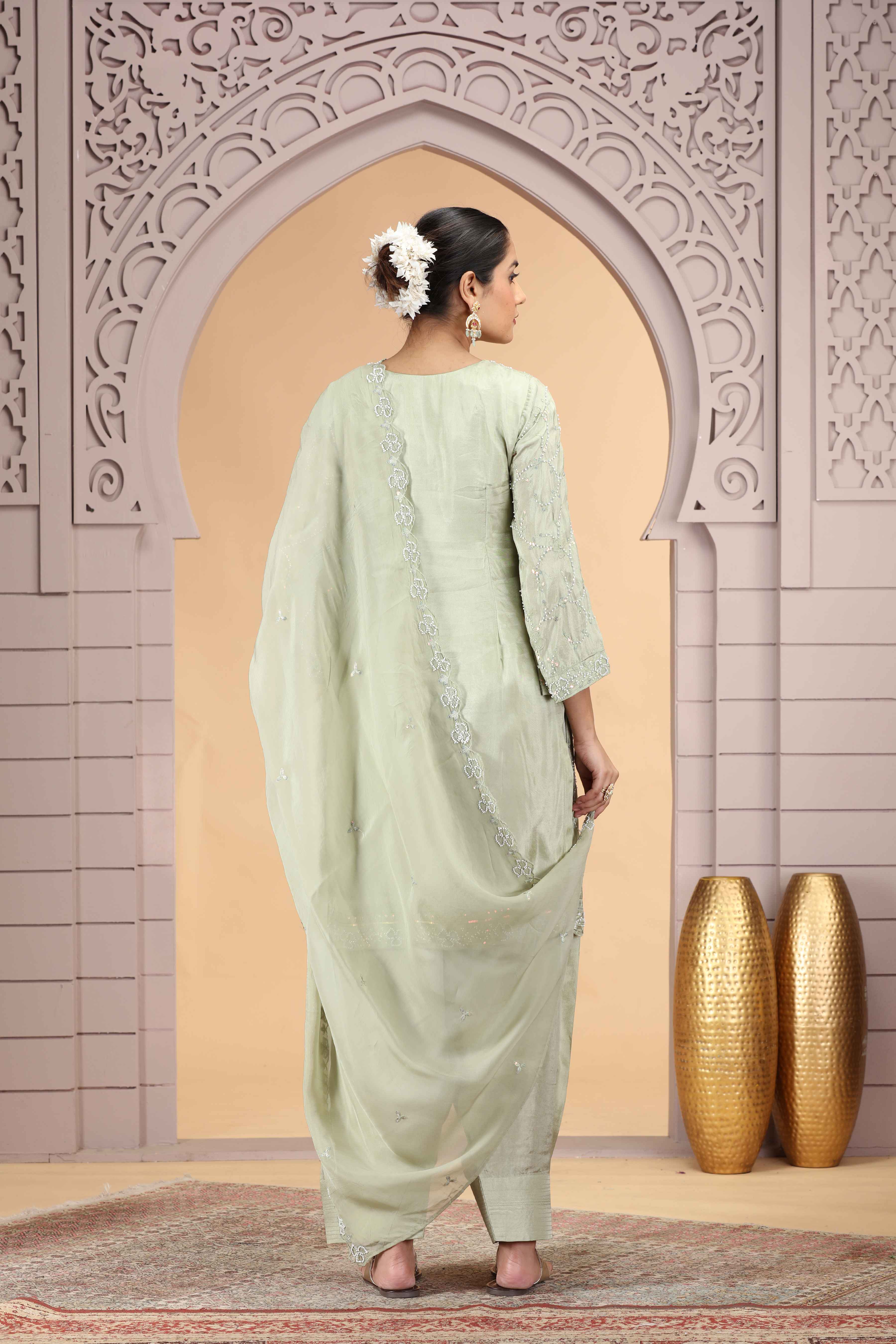 Pastel Green Satin Silk Straight Suit with Farsi Pant & Dupatta Straight Suit Anant Tex Exports Pvt.Ltd..