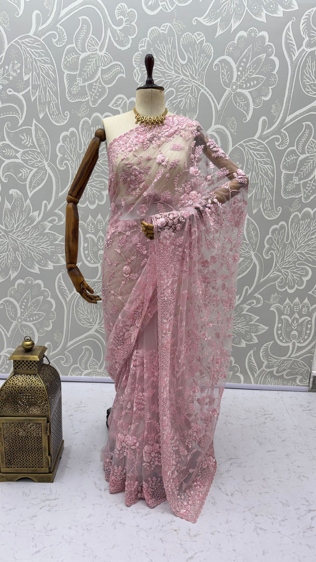 Pink Pure Premium Net Handwork Kasti & Motif Zari Metallic Sequins Work Wedding Saree