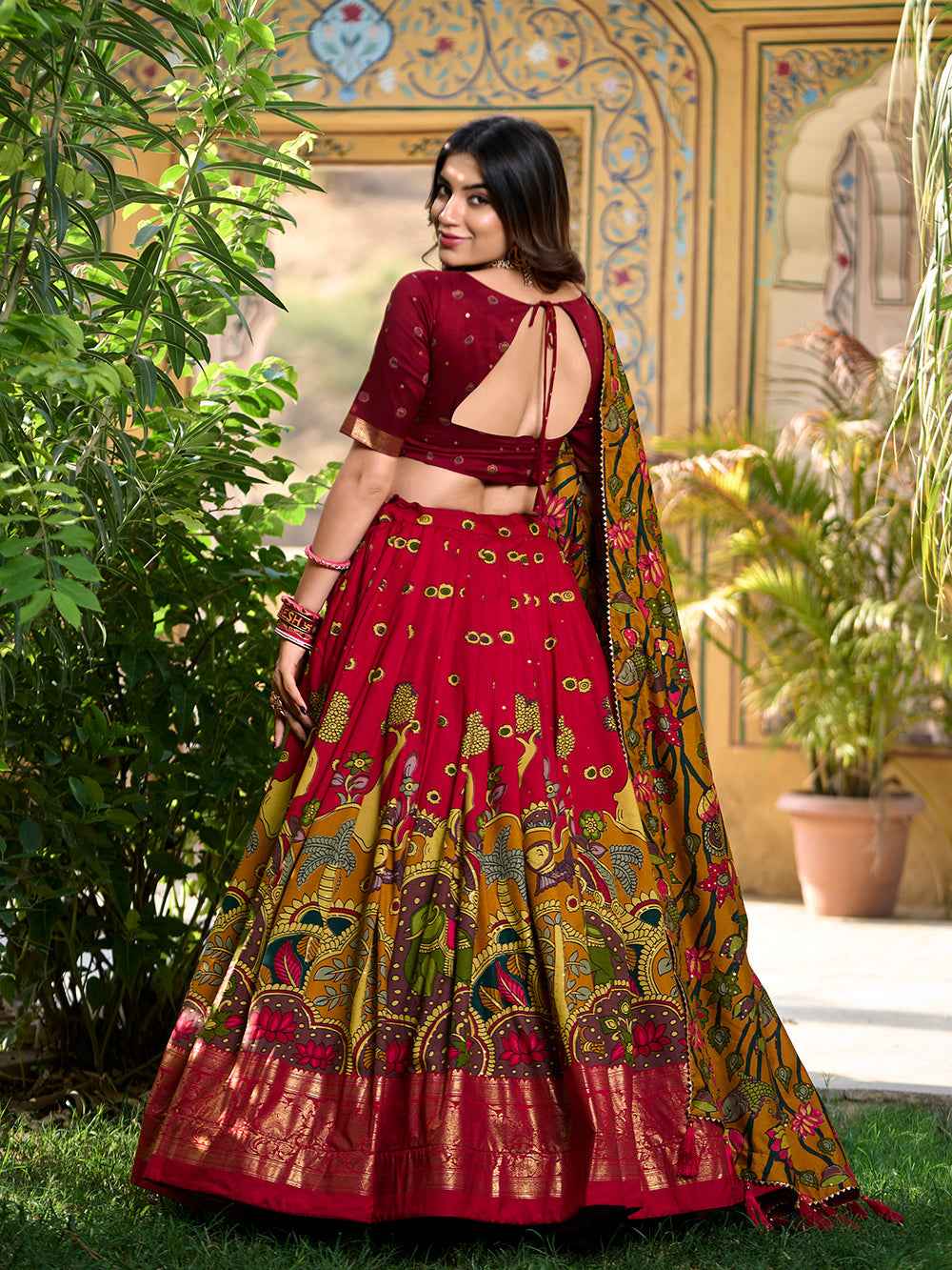 Red Pure Tasar Silk Kalamkari Print With Foil Work Lehenga Choli