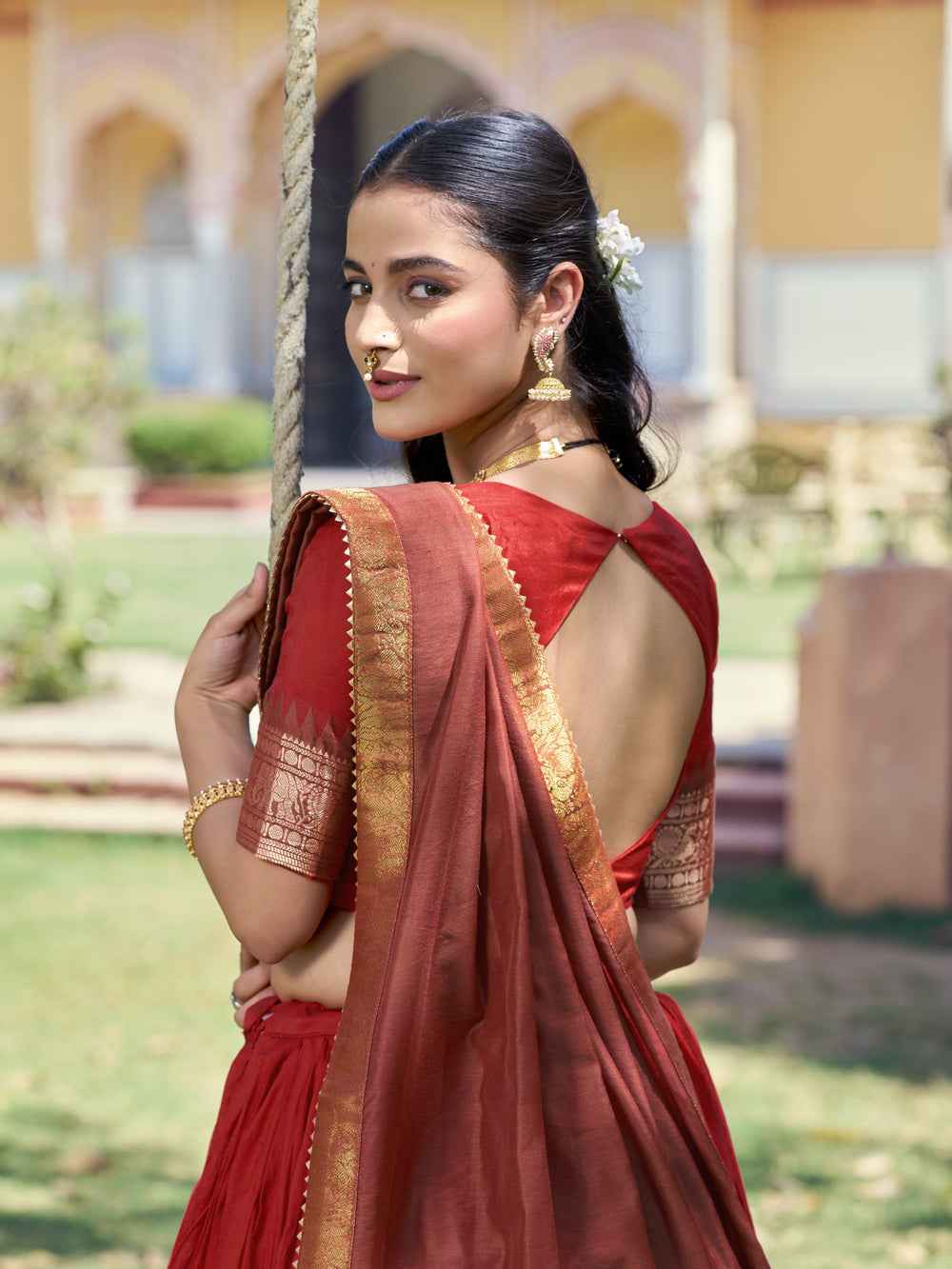 Red Pure Poly Poly Cotton with Zari Woven Half Saree Lehenga