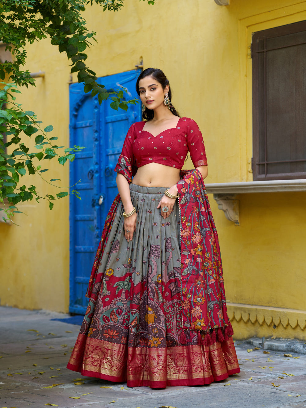 Sea Green Pure Tasar Silk Kalamkari Print With Foil Work Lehenga Choli