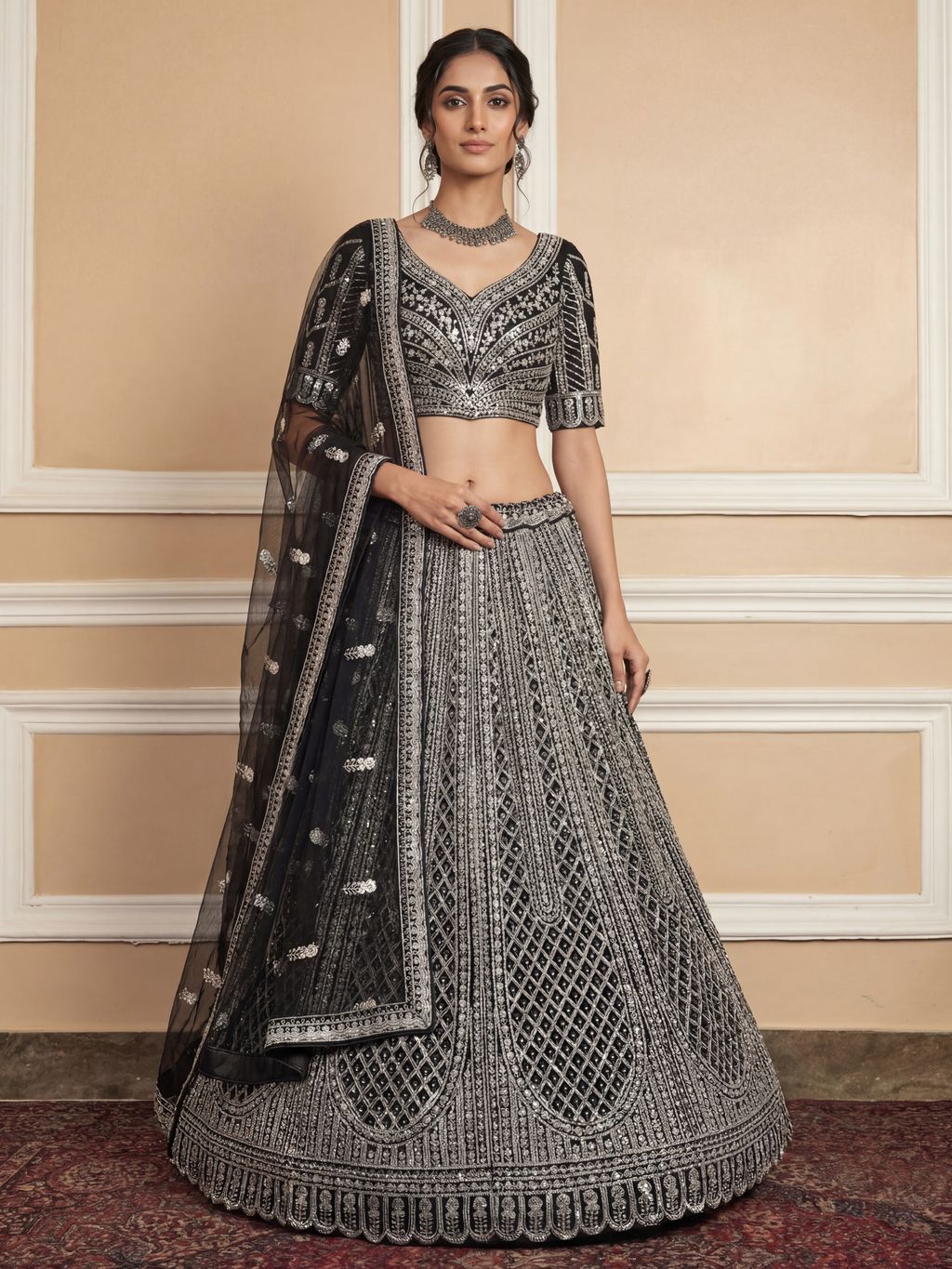 Black Pure Soft Net Heavy Embroidery Work Bridal Lehenga