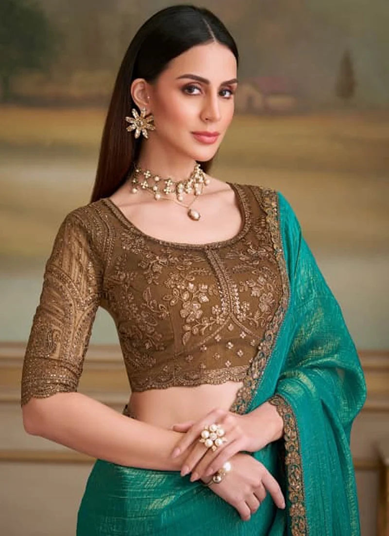 Sea Green Pure Georgette Silk With Floral Sequins Saree
