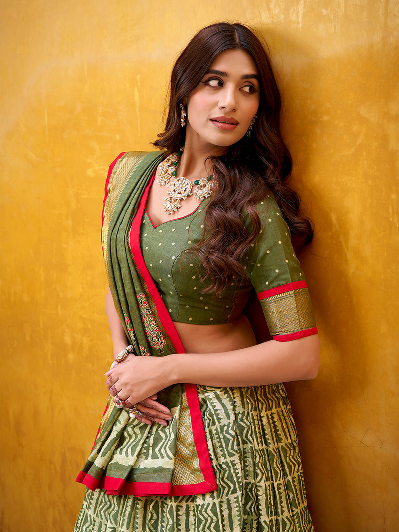 Mehendi Color Batik Printed Dola Silk Lehenga Choli
