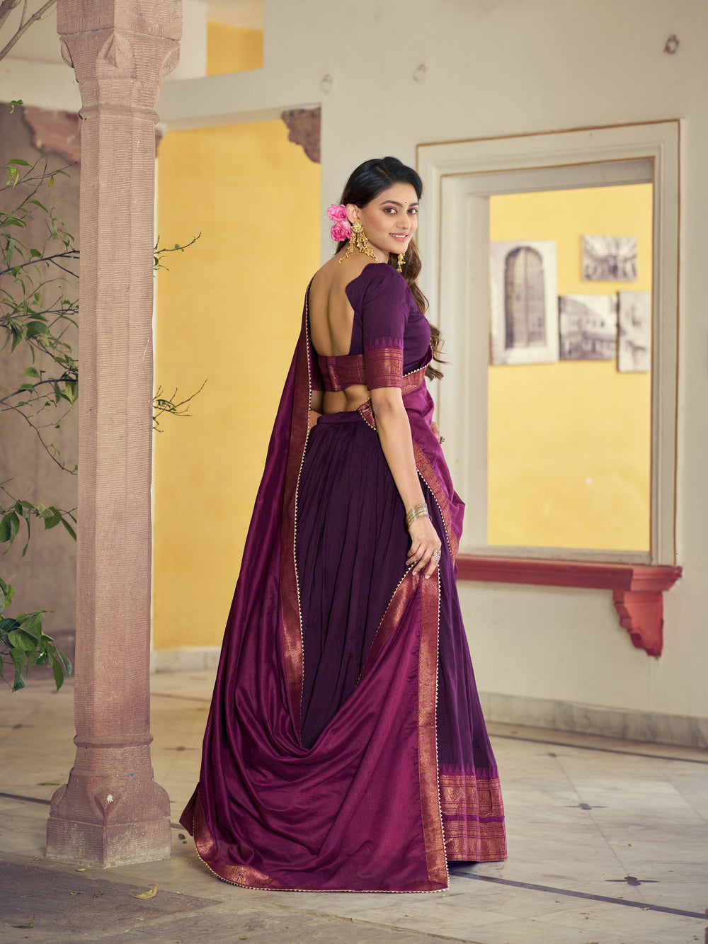 Purple Pure Poly Poly Cotton with Zari Woven Half Saree Lehenga
