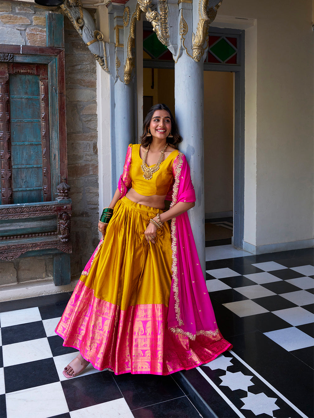 Mustard Pure Narayan Pattu with Zari Weaving & Embroidery Paithani Lehenga Choli