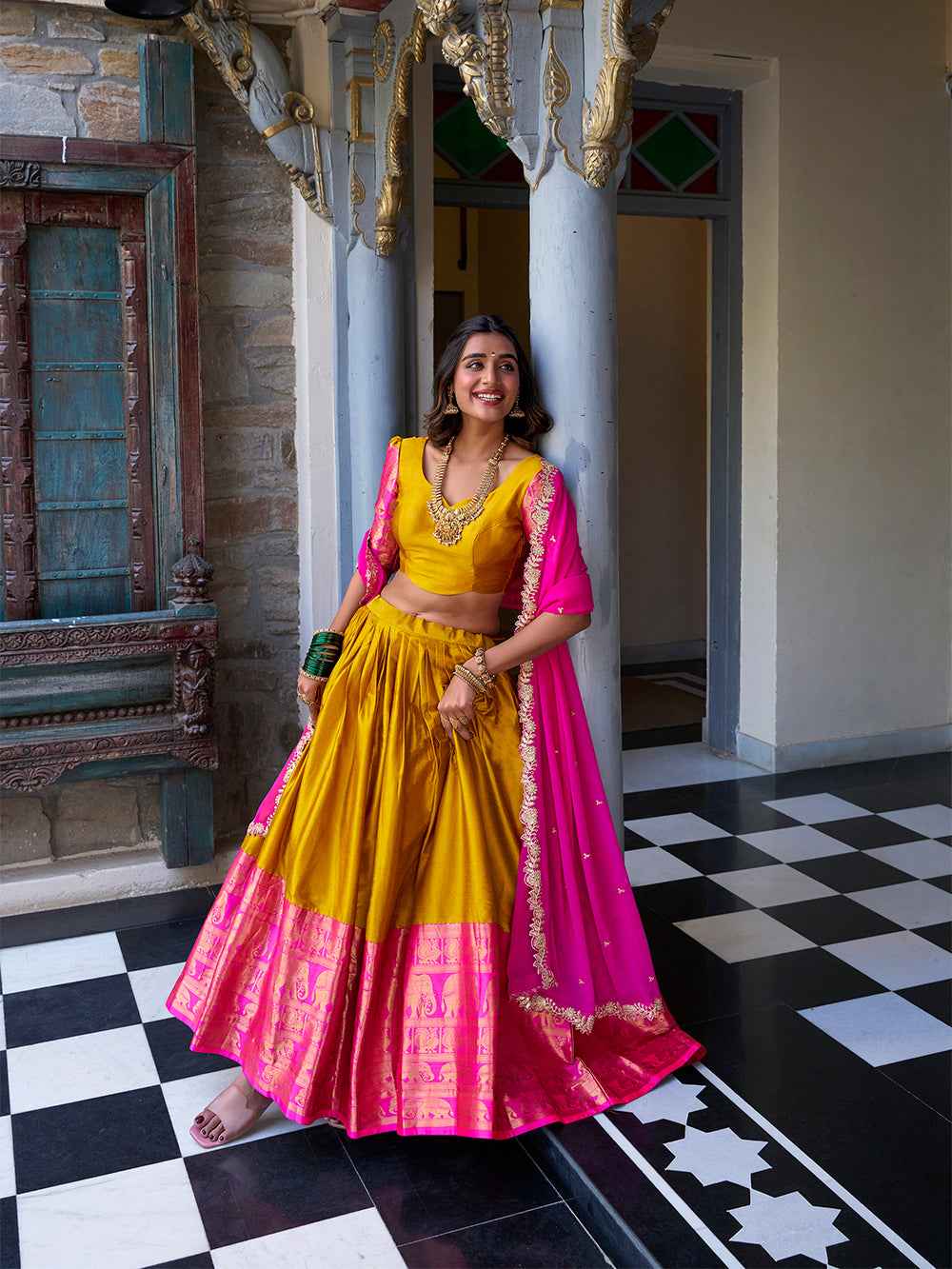 Mustard Pure Narayan Pattu with Zari Weaving & Embroidery Paithani Lehenga Choli