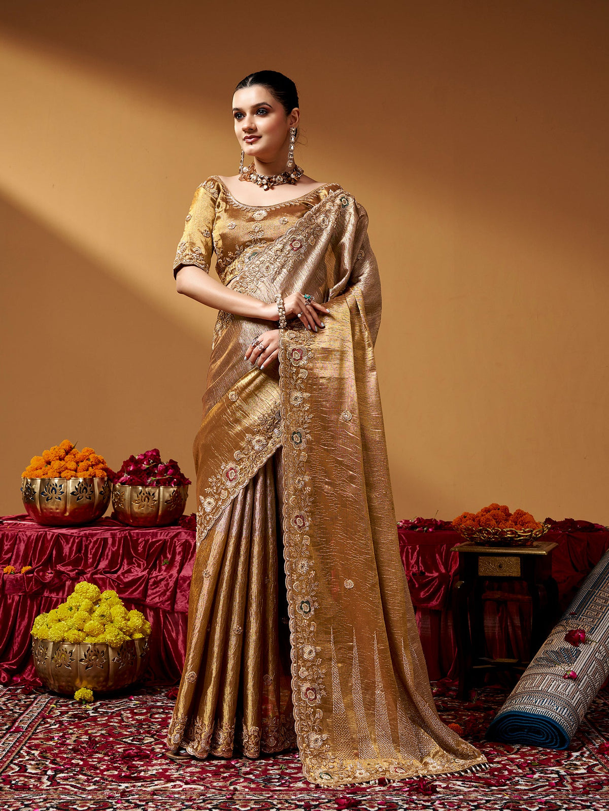 Golden Pure Kanjivaram Rich Zari Embroidery & Tube Beads Work Tissue Saree
