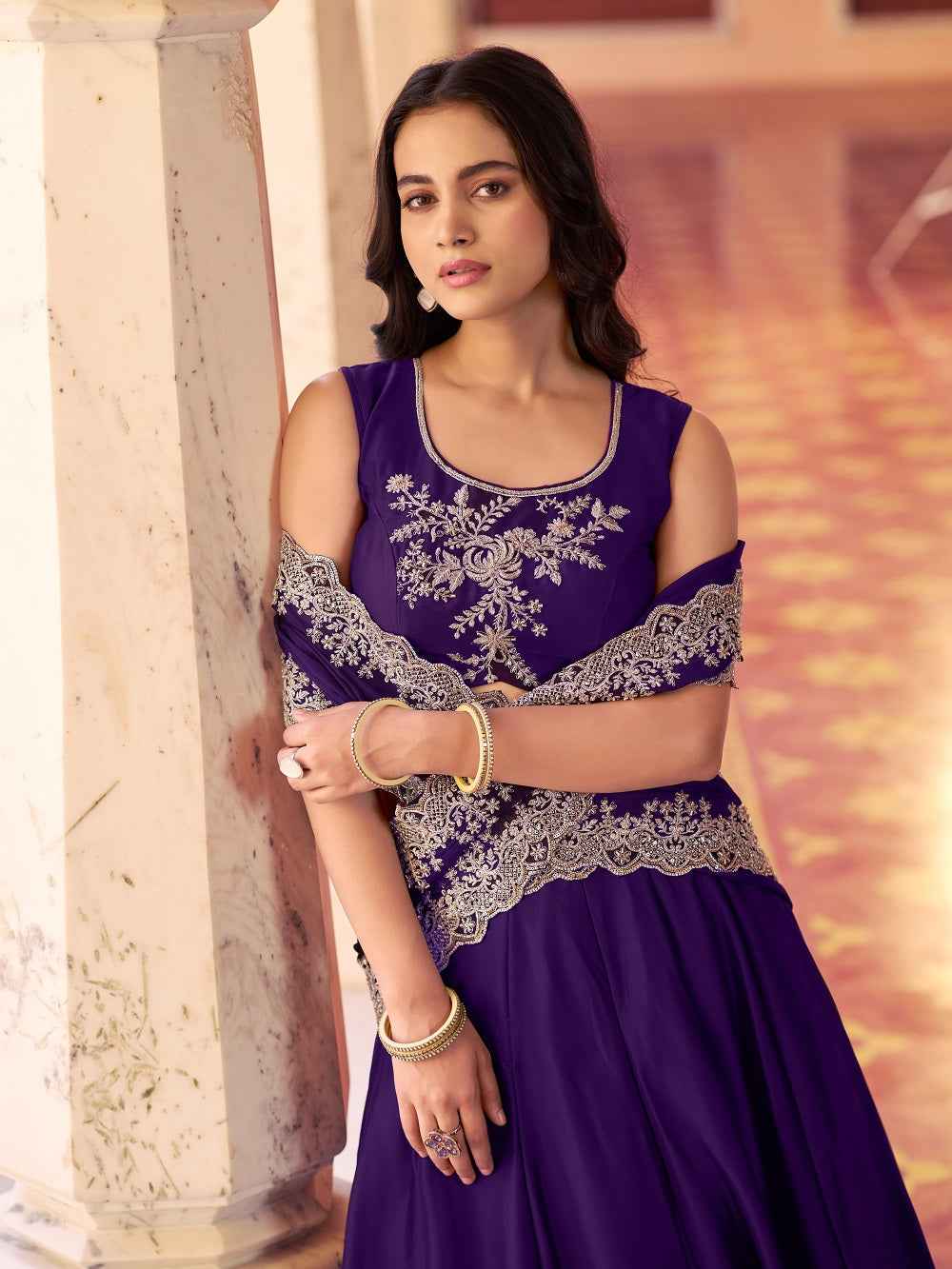 Purple Pure Rangoli Silk Tube Beads with Sequence Thread Embroidery Work Lehenga Choli