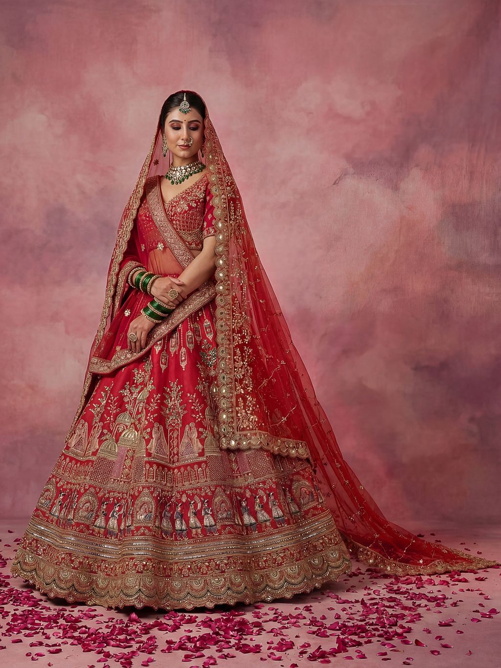 Red Pure Soft Gadwal Silk Heavy Embroidery Work Bridal Lehenga