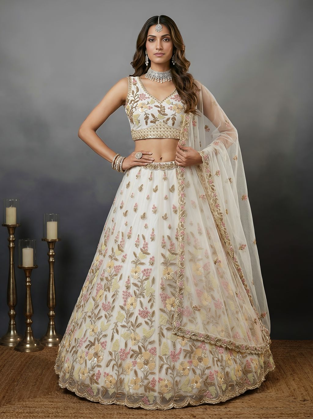 White Pure Soft Heavy Net Sequins Embroidery Work Bridal Lehenga