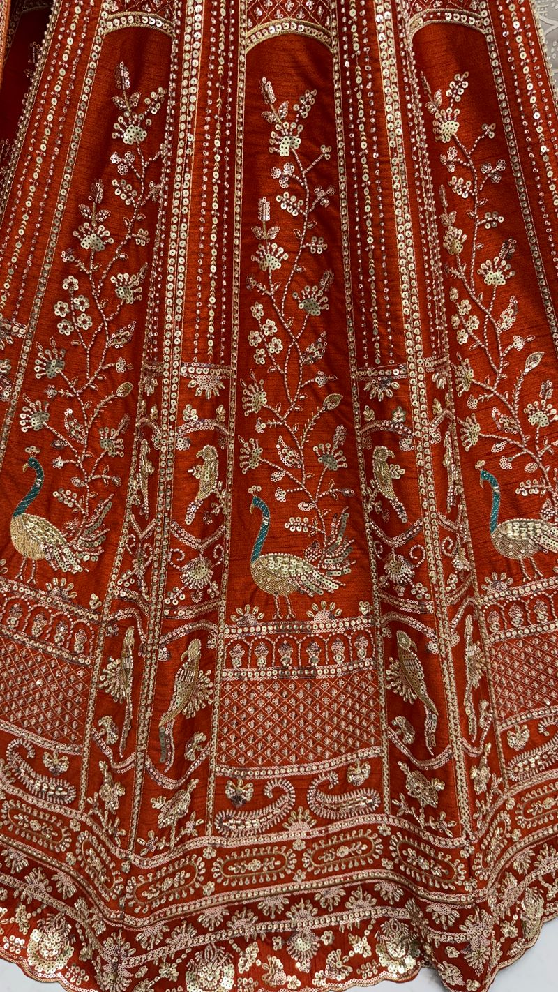 Orange Pure Soft Silk Heavy Embroidery Work Bridal Lehenga