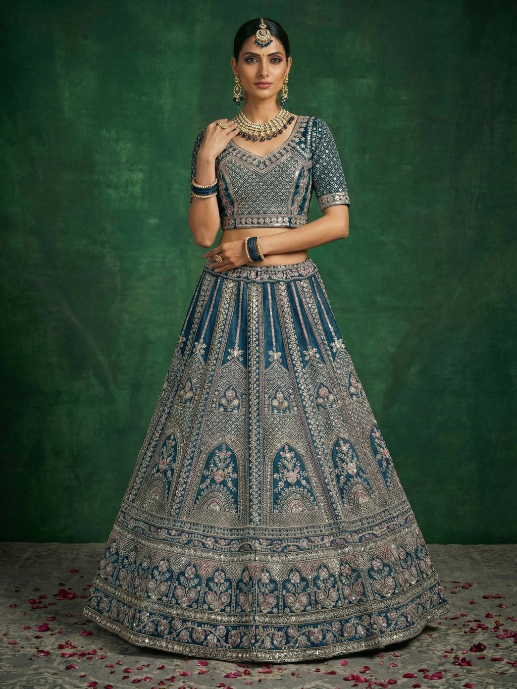 Midnight Blue Pure Soft Satin Silk Heavy Embroidery Work Bridal Lehenga