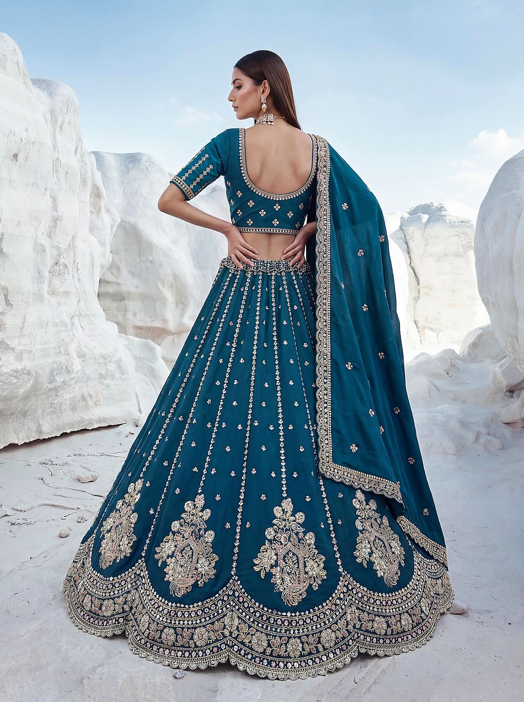 More Peach Pure Soft Silk Heavy Sequins Embellishment Work Bridal Lehenga Choli