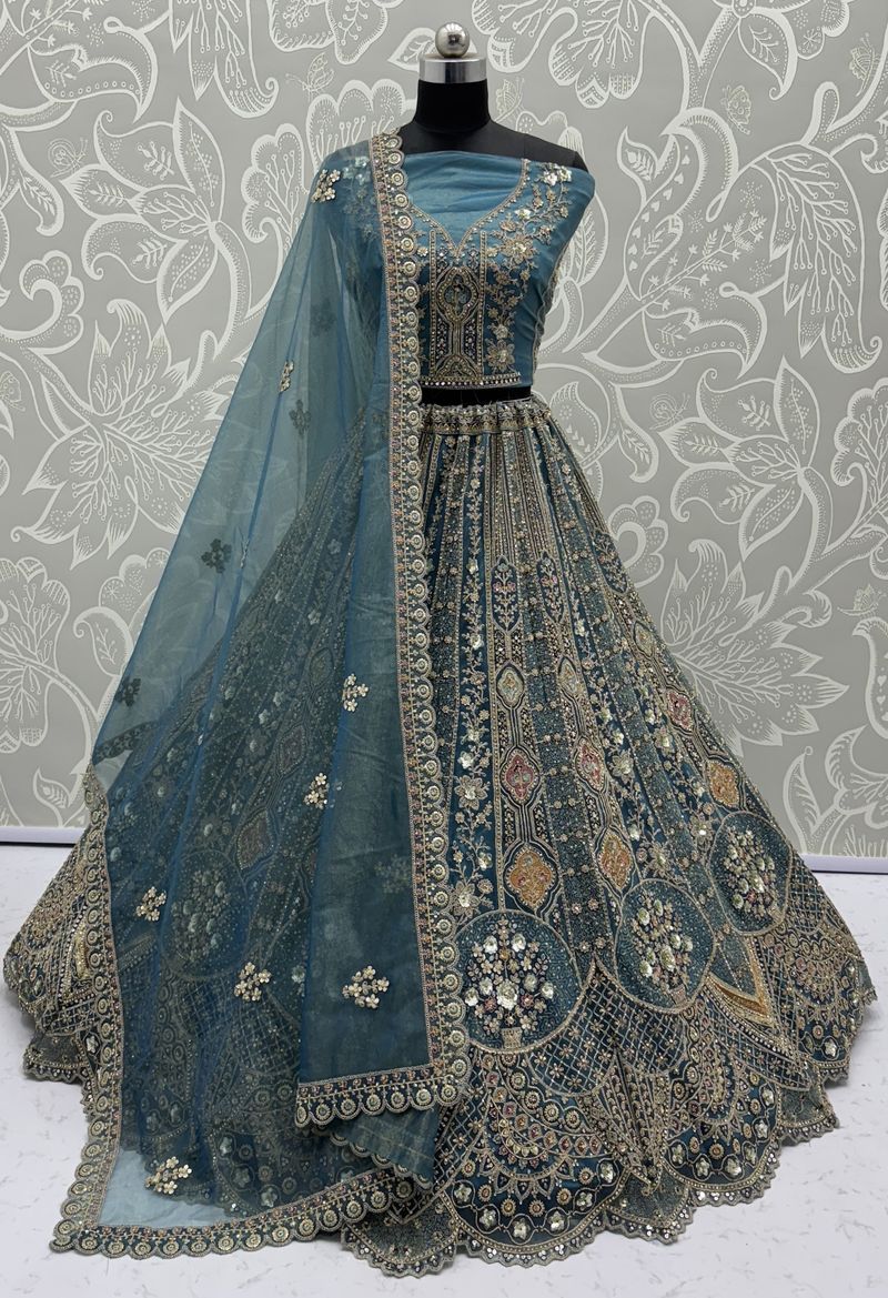 Firozi Pure Soft Orgenza Sequins Work Bridal Lehenga Choli Organza Lehenga Choli Anant Tex Exports Pvt.Ltd..