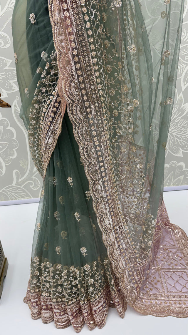Green Pure Premium Net Handwork Kasti & Motif Zari Metallic Sequins Work Wedding Saree
