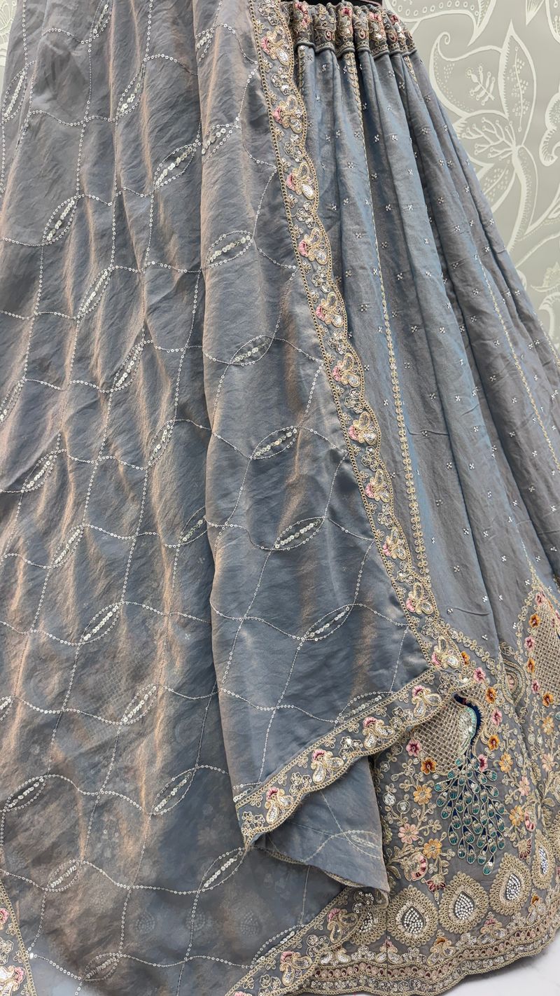 Stone Grey Pure Soft Gadhwal Silk Heavy Embroidery Work Bridal Lehenga