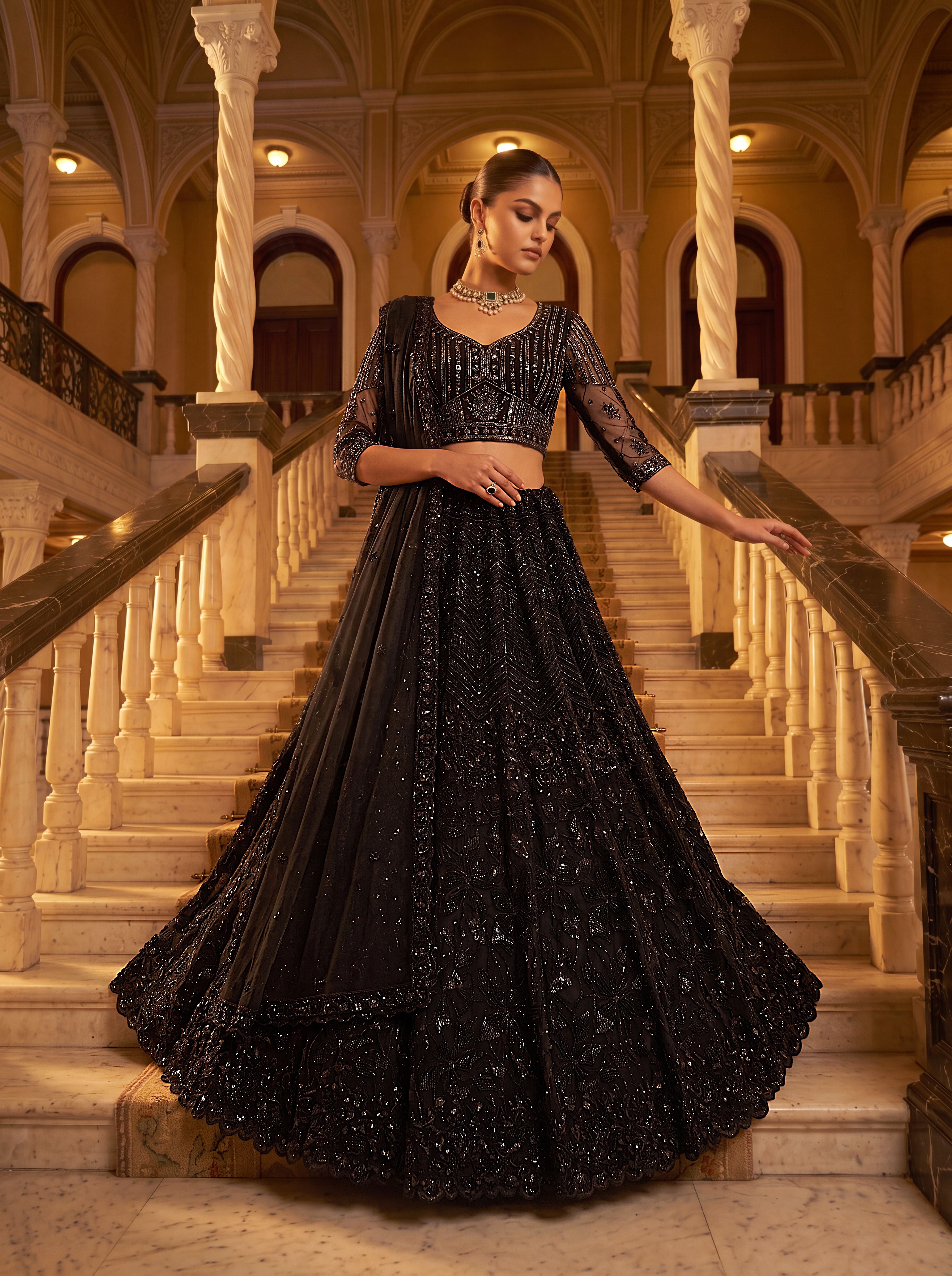 Z Black Pure Heavy Net Monochrome Sequins Zari Embroidery Work Net Bridal Lehenga Choli