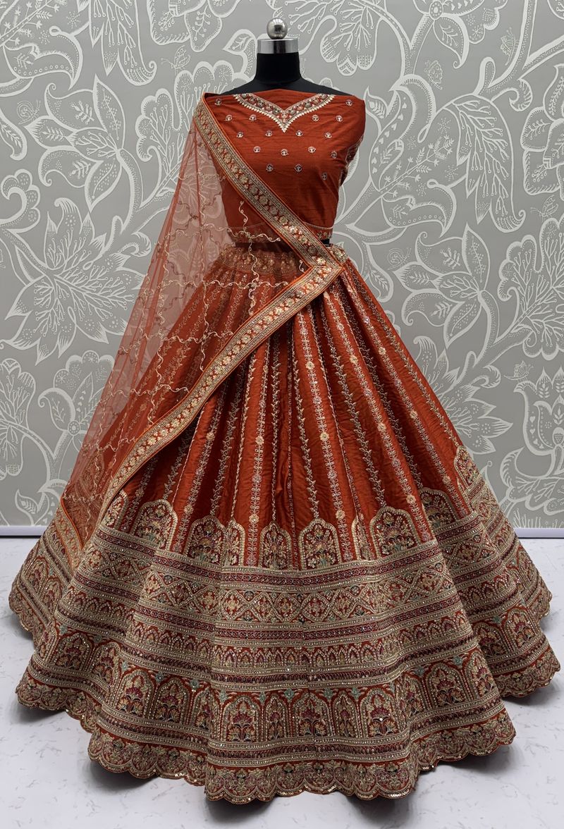 Orange Pure Soft Gadhwal Silk Heavy Embroidery Work Bridal Lehenga