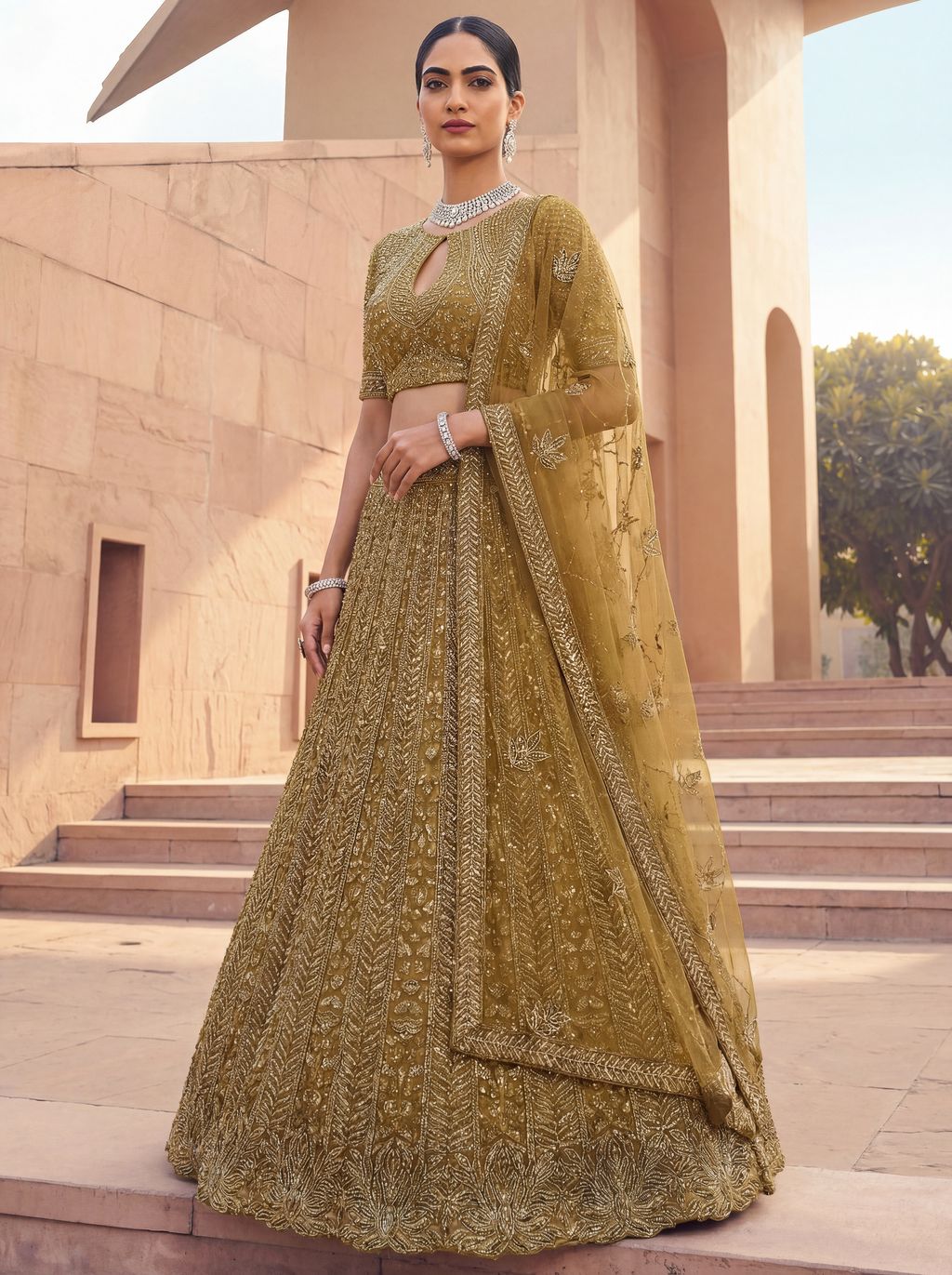 Golden Pure Soft Net Heavy Embroidery Work Bridal Lehenga