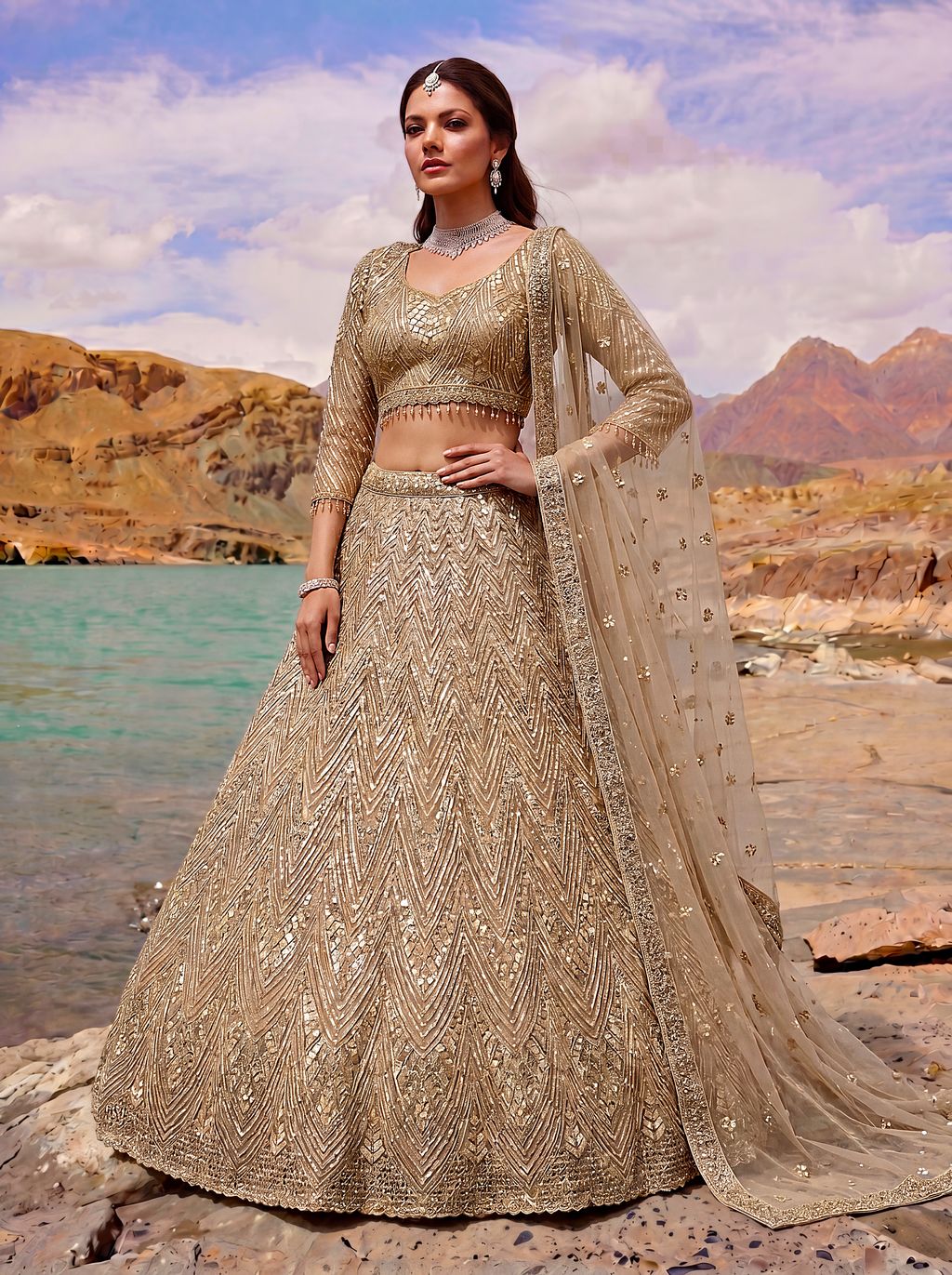 Golden Pure Soft Heavy Net Fancy Embroidery Work Bridal Lehenga Choli