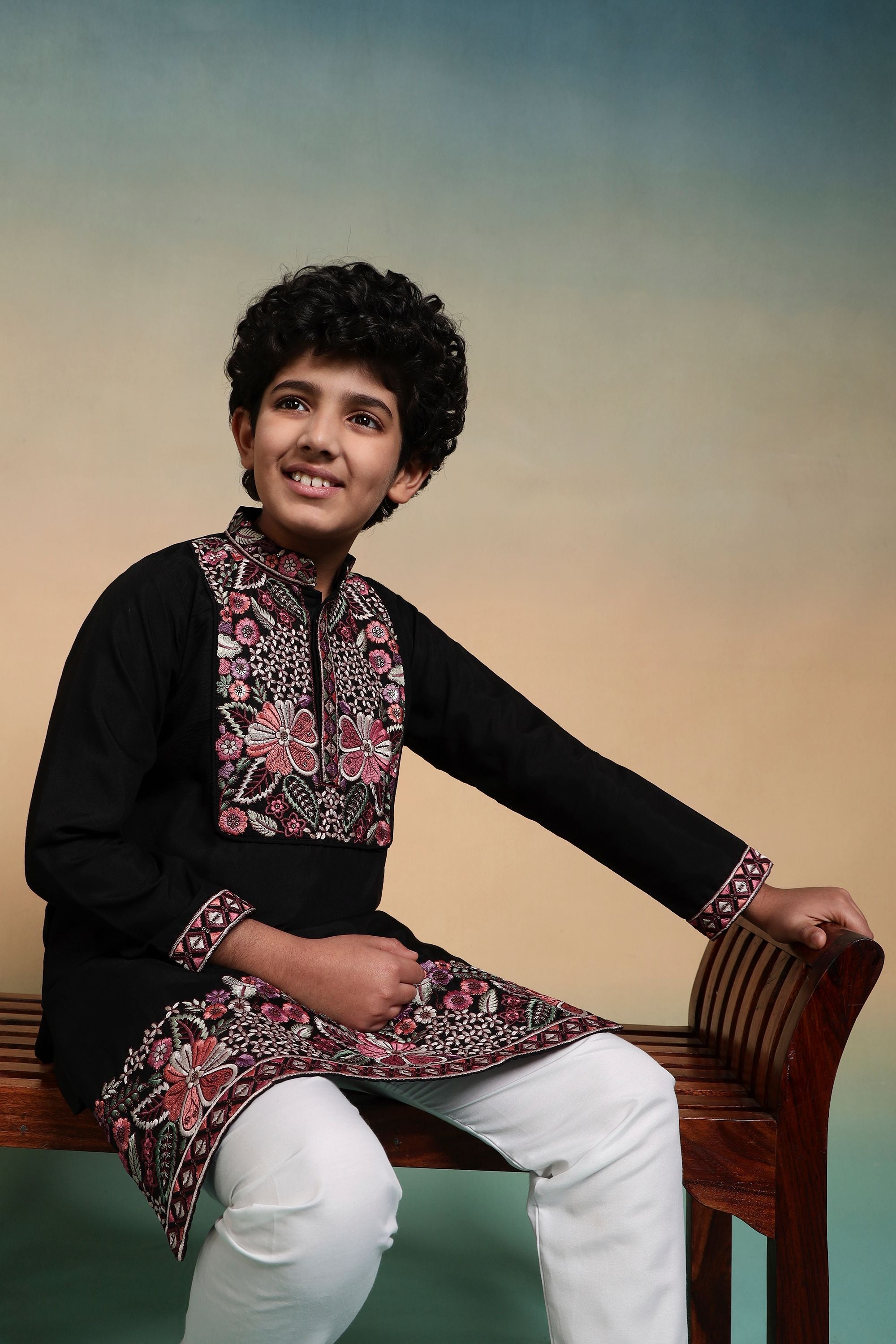 Black Pure Viscose Silk Kids Boy Kurta Pajama