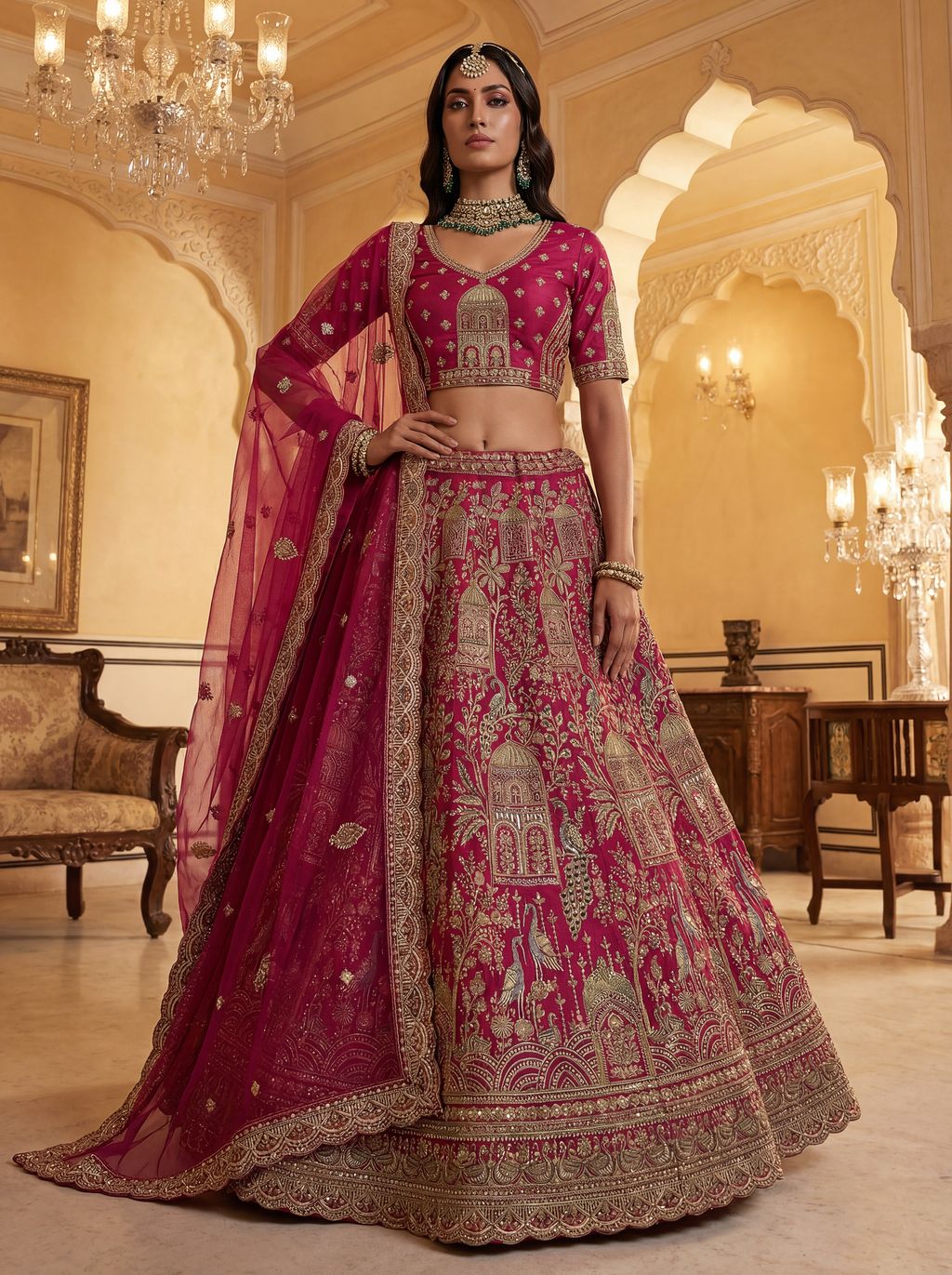 Pink Pure Soft Gadwal Silk Heavy Embroidery Work Bridal Lehenga