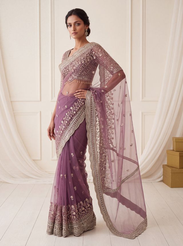 Purple Pure Premium Net Handwork Kasti & Motif Zari Metallic Sequins Work Wedding Saree