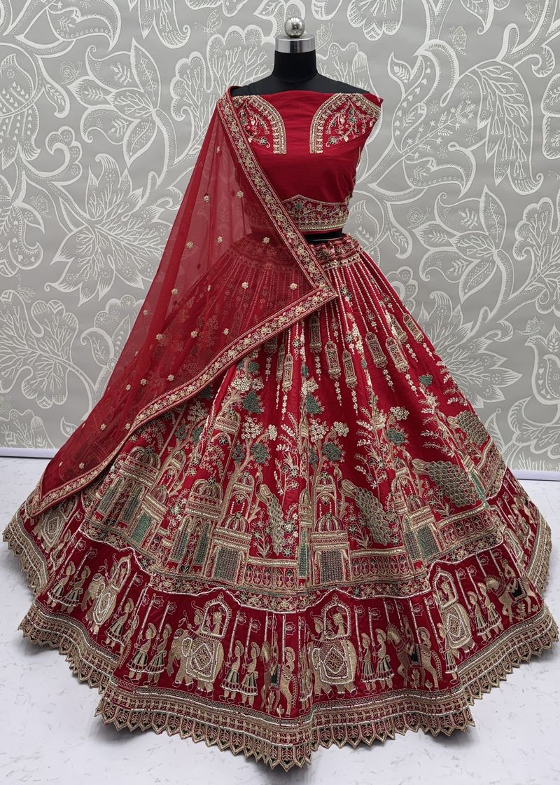 Red Pure Soft Silk Heavy Embroidery Work Bridal Lehenga