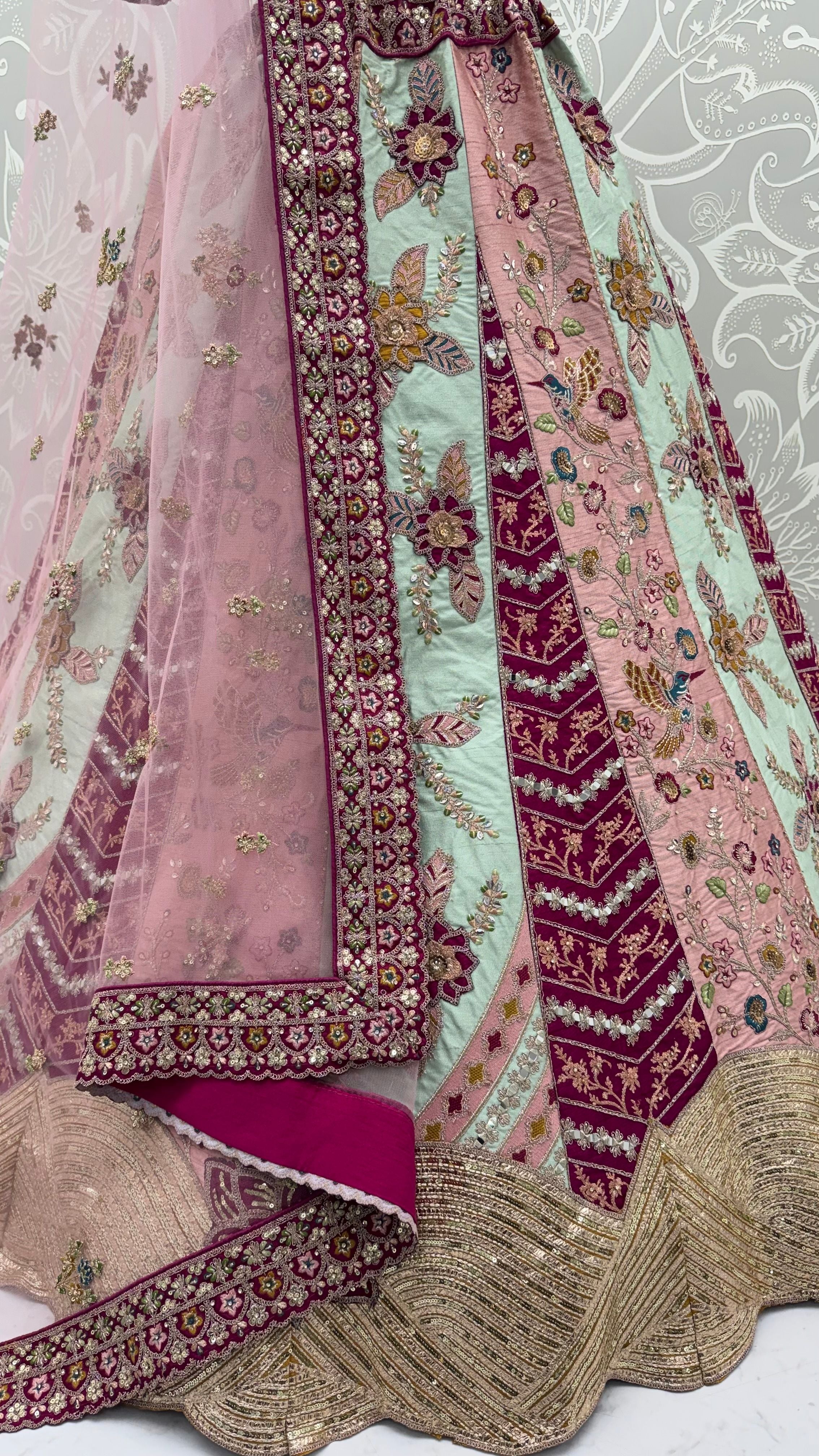 Multi Pure Satin Silk Flower Patch Work Real Hand Mirror & Multi thread Zari Work Bridal Lehenga Choli
