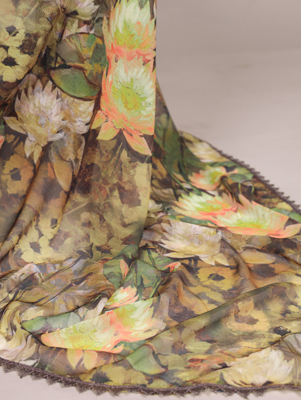 Mehandi Pure Weightless Marbal With Floral Print Weightless Saree