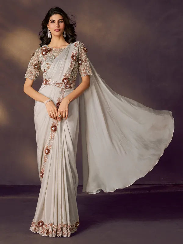 Off White Pure Soft Crush Satin Silk Ready to Wear Saree